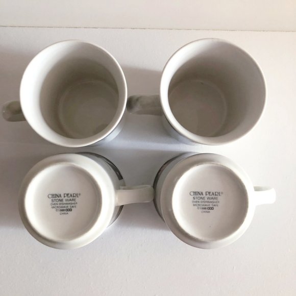 Vintage 80s China Pearl Stoneware Black Pink Floral Pattern Coffee Mugs Set of 4 - Picture 6 of 6